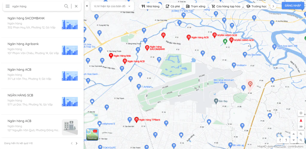 Bản đồ ngân hàng hiển thị tìm kiếm trên Map4D dưới dạng 2D
