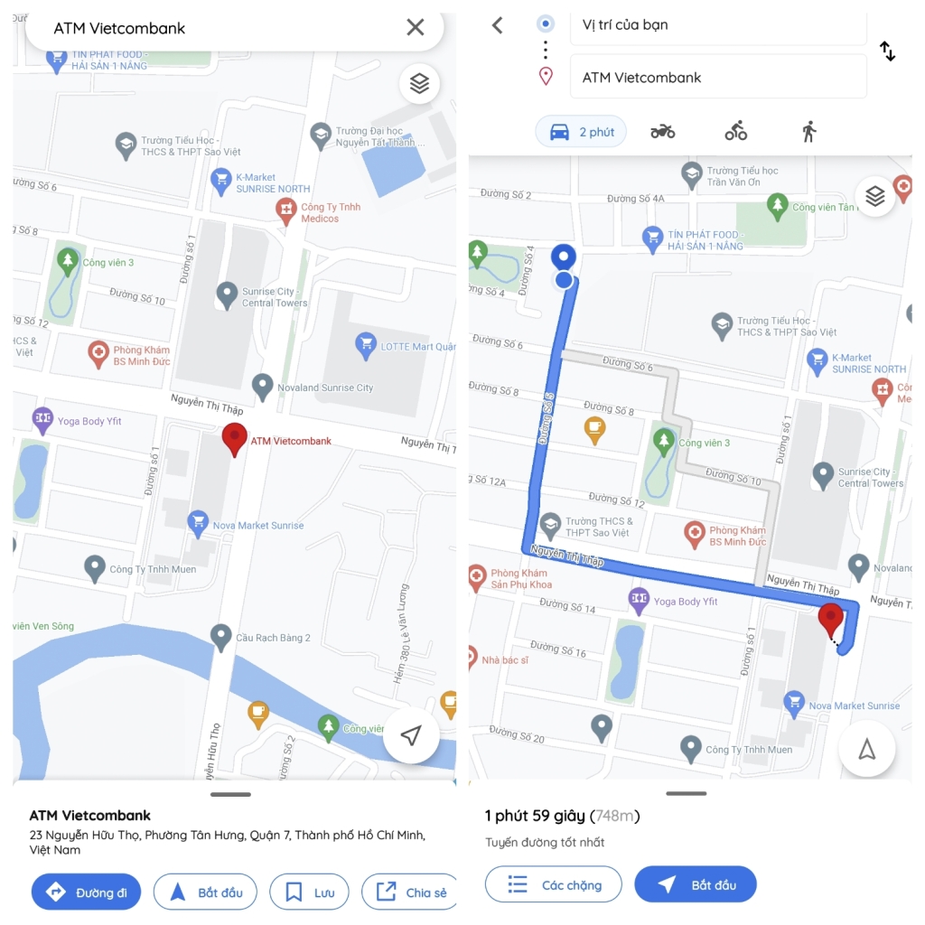 Chọn ATM bạn muốn đến. Thể hiện chia tiết địa điểm, khoảng cách, thời gian