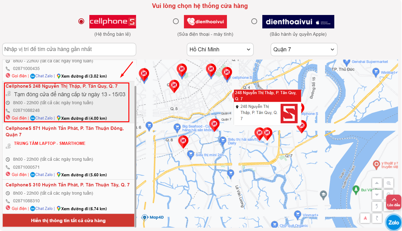 Quản lý chuỗi cửa hàng Map4D - Cung cấp đầy đủ thông tin của từng chi nhánh