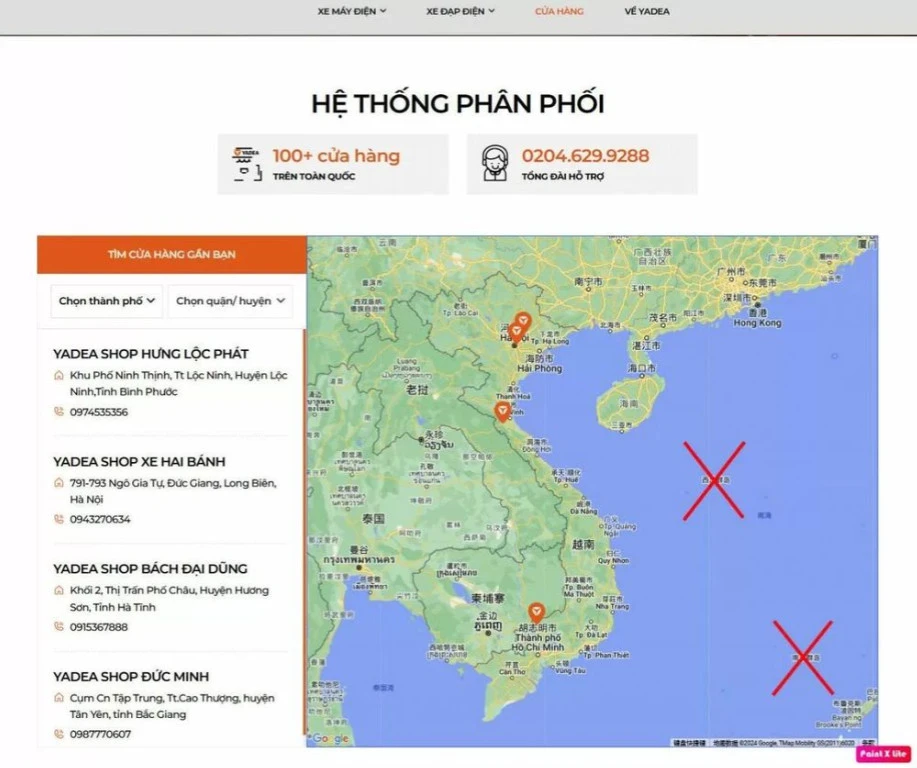 Hãng Yadea sử dụng bản đồ thể hiện sai thông tin về lãnh thổ và chủ quyền Việt Nam