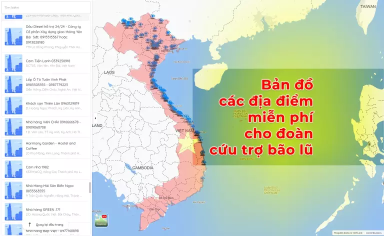 Bản đồ số các địa điểm miễn phí cho các đoàn cứu trợ bão lũ miền Bắc 2024