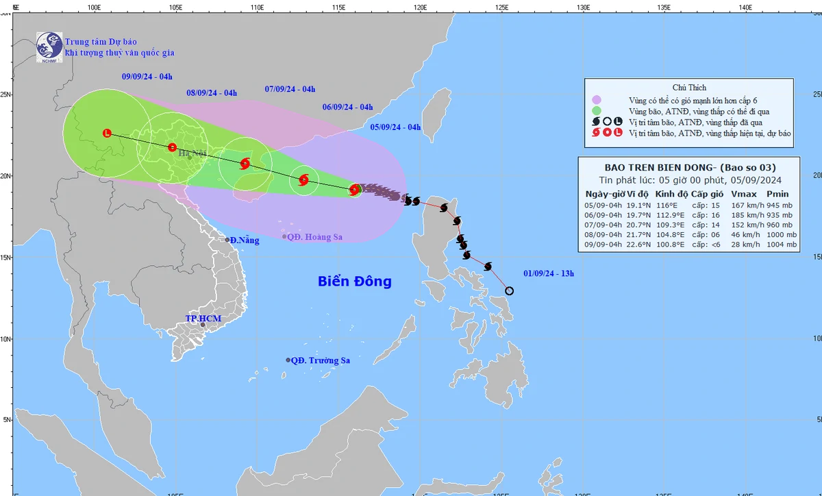 Dự báo đường đi của bão số 3 - Yagi cập nhật ngày 5 tháng 9